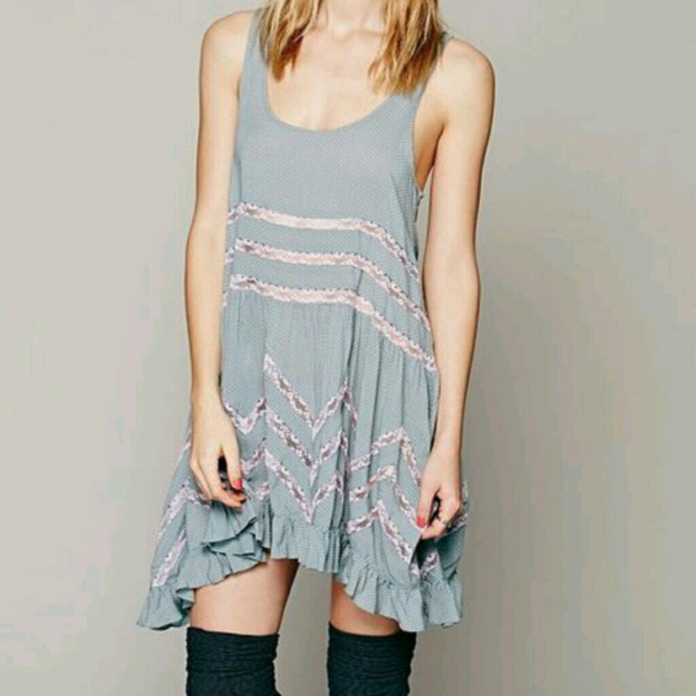 Free People Hazy Teal Voile & Lace Trapeze Slip